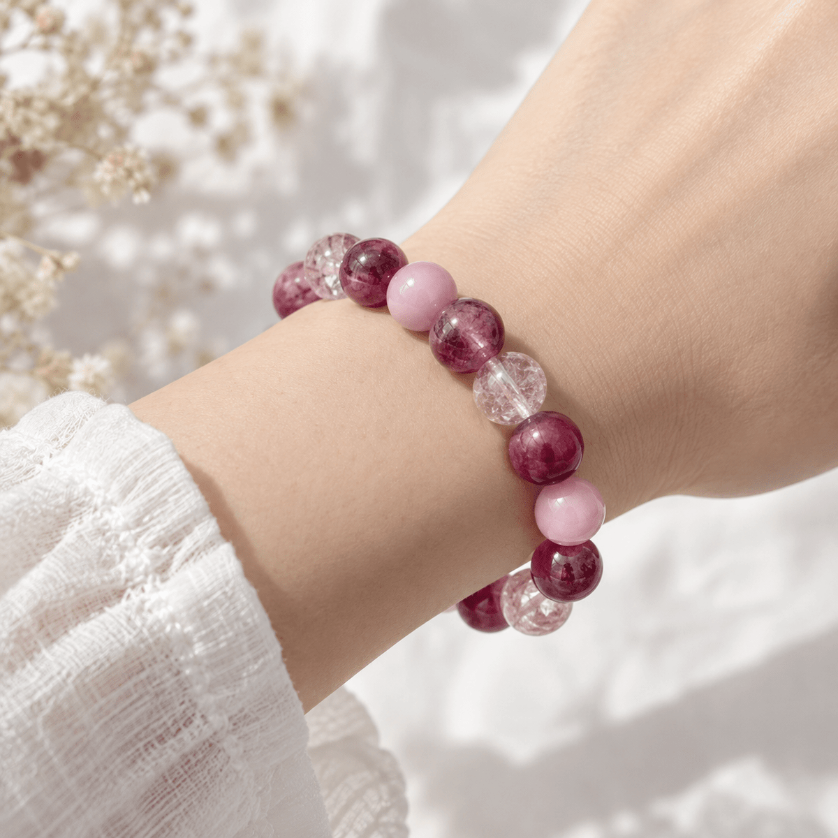 Strawberry Quartz, Rose Quartz & Crackle Crystal Bracelet - Ocean Rielle Studio