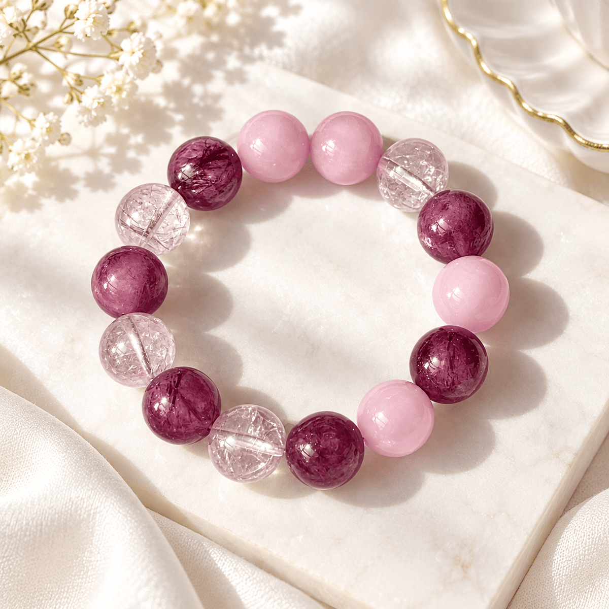 Strawberry Quartz, Rose Quartz & Crackle Crystal Bracelet - Ocean Rielle Studio