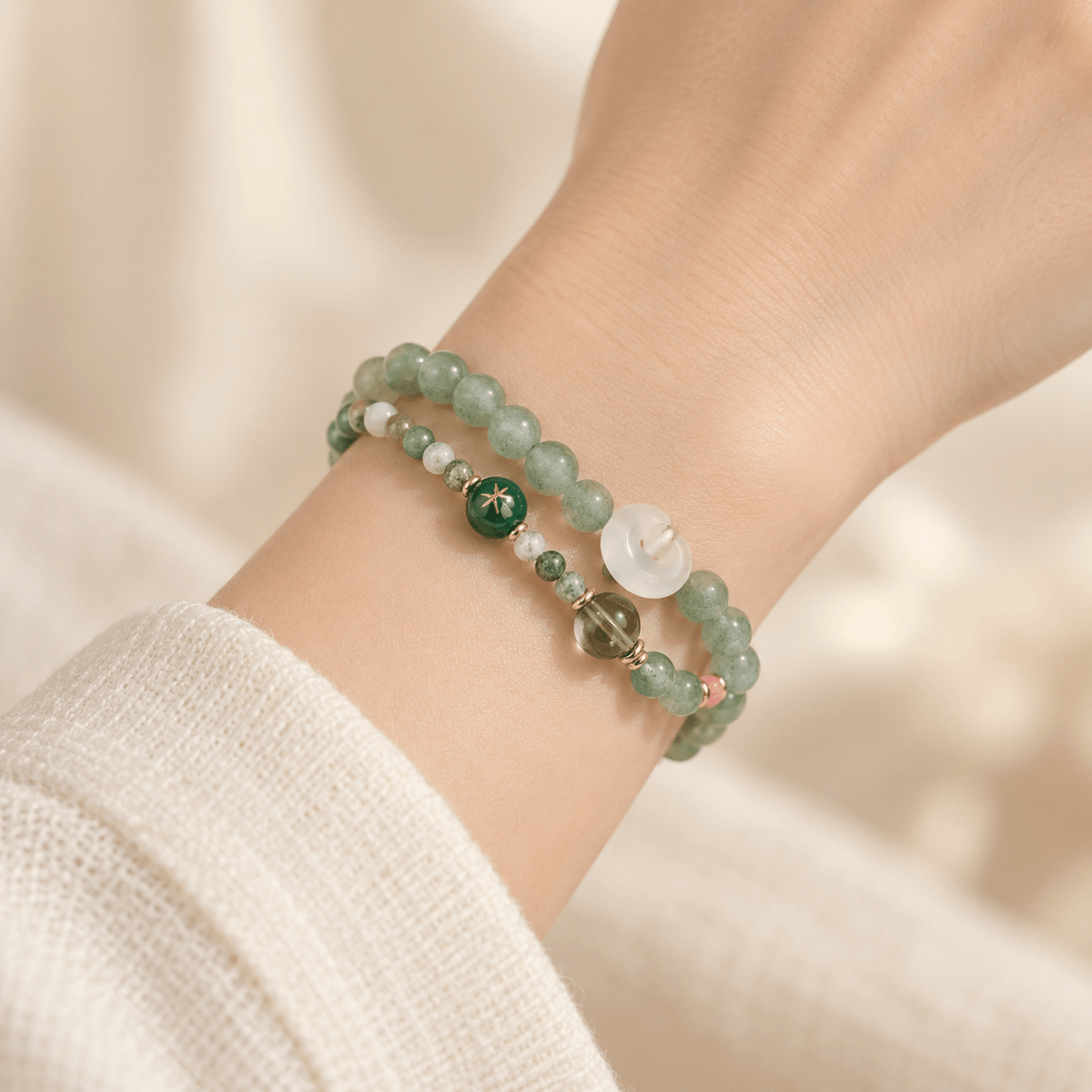 Strawberry Quartz & Water Grass Agate Double-Wrap Bracelet - Ocean Rielle Studio