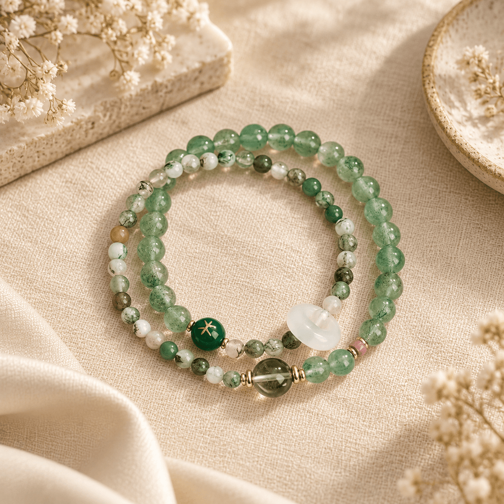 Strawberry Quartz & Water Grass Agate Double-Wrap Bracelet - Ocean Rielle Studio
