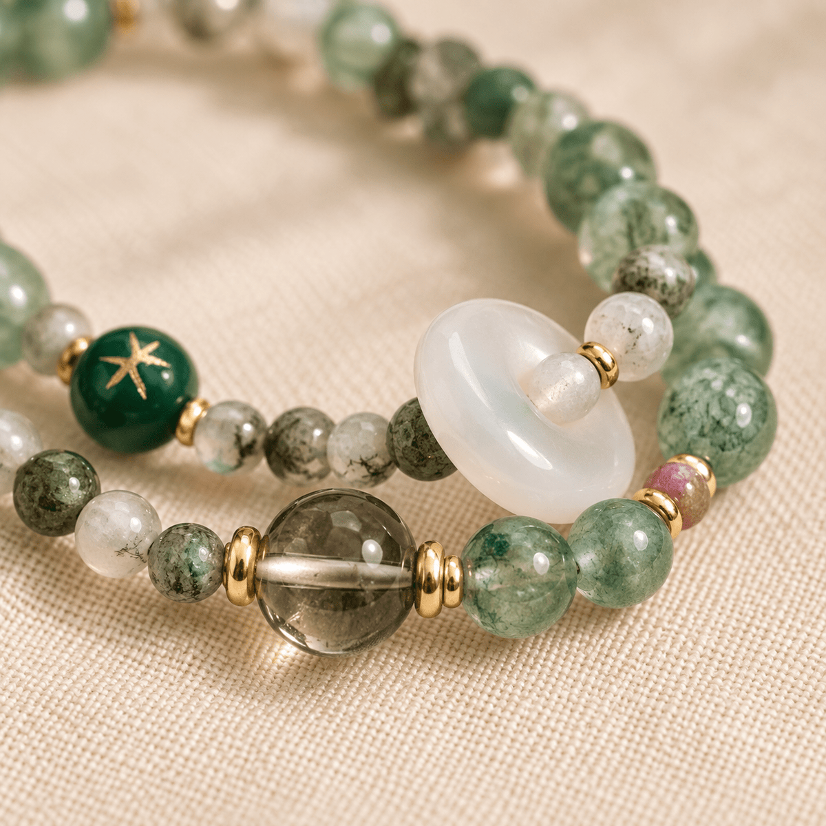 Strawberry Quartz & Water Grass Agate Double-Wrap Bracelet - Ocean Rielle Studio