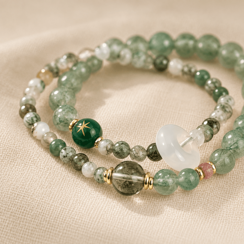 Strawberry Quartz & Water Grass Agate Double-Wrap Bracelet - Ocean Rielle Studio