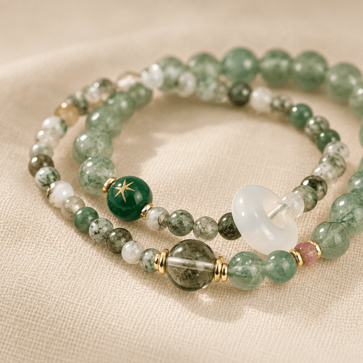 Strawberry Quartz & Water Grass Agate Double-Wrap Bracelet - Ocean Rielle Studio