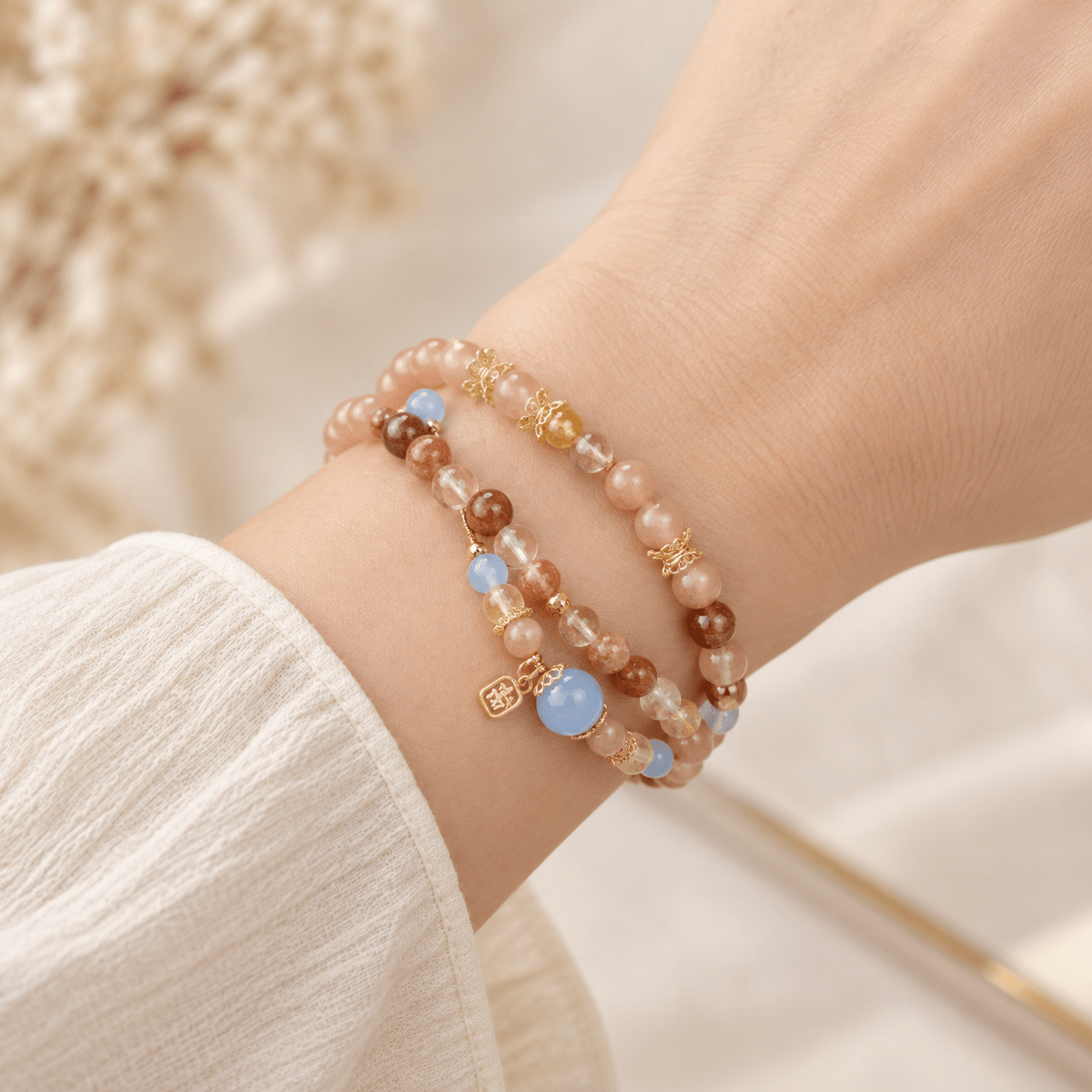 Sunstone & Blue Chalcedony Double-Wrap Bracelet - Ocean Rielle Studio