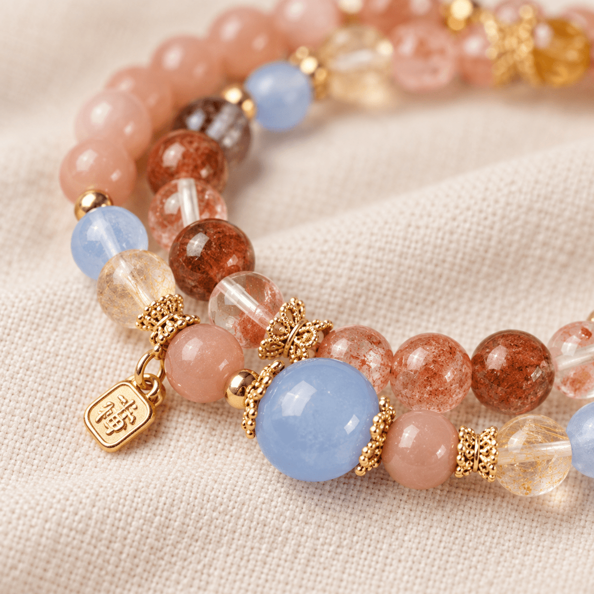 Sunstone & Blue Chalcedony Double-Wrap Bracelet - Ocean Rielle Studio