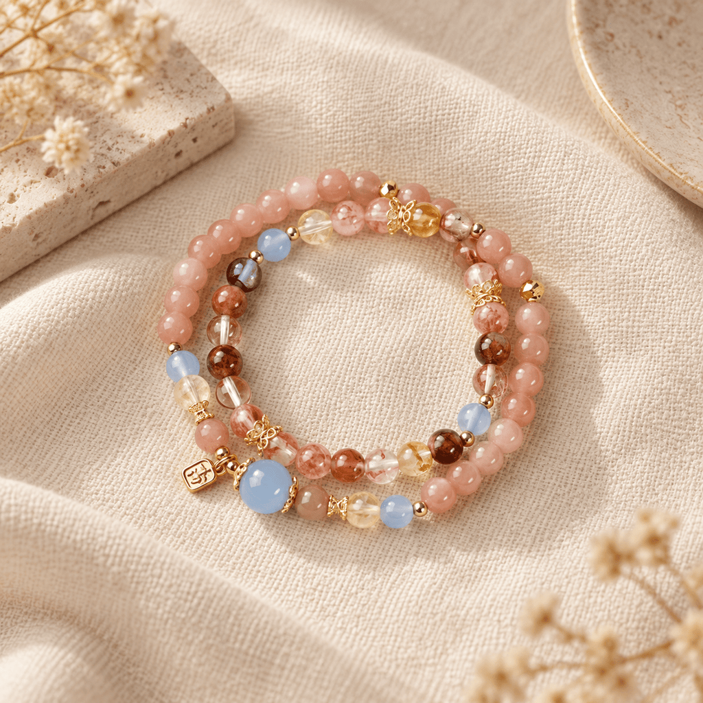 Sunstone & Blue Chalcedony Double-Wrap Bracelet - Ocean Rielle Studio