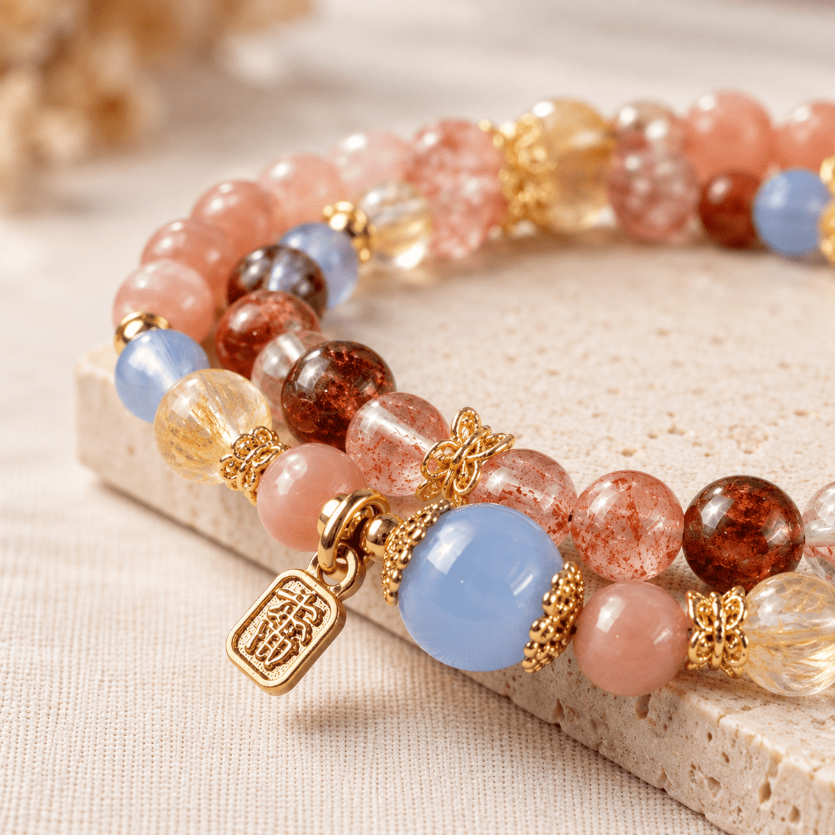 Sunstone & Blue Chalcedony Double-Wrap Bracelet - Ocean Rielle Studio