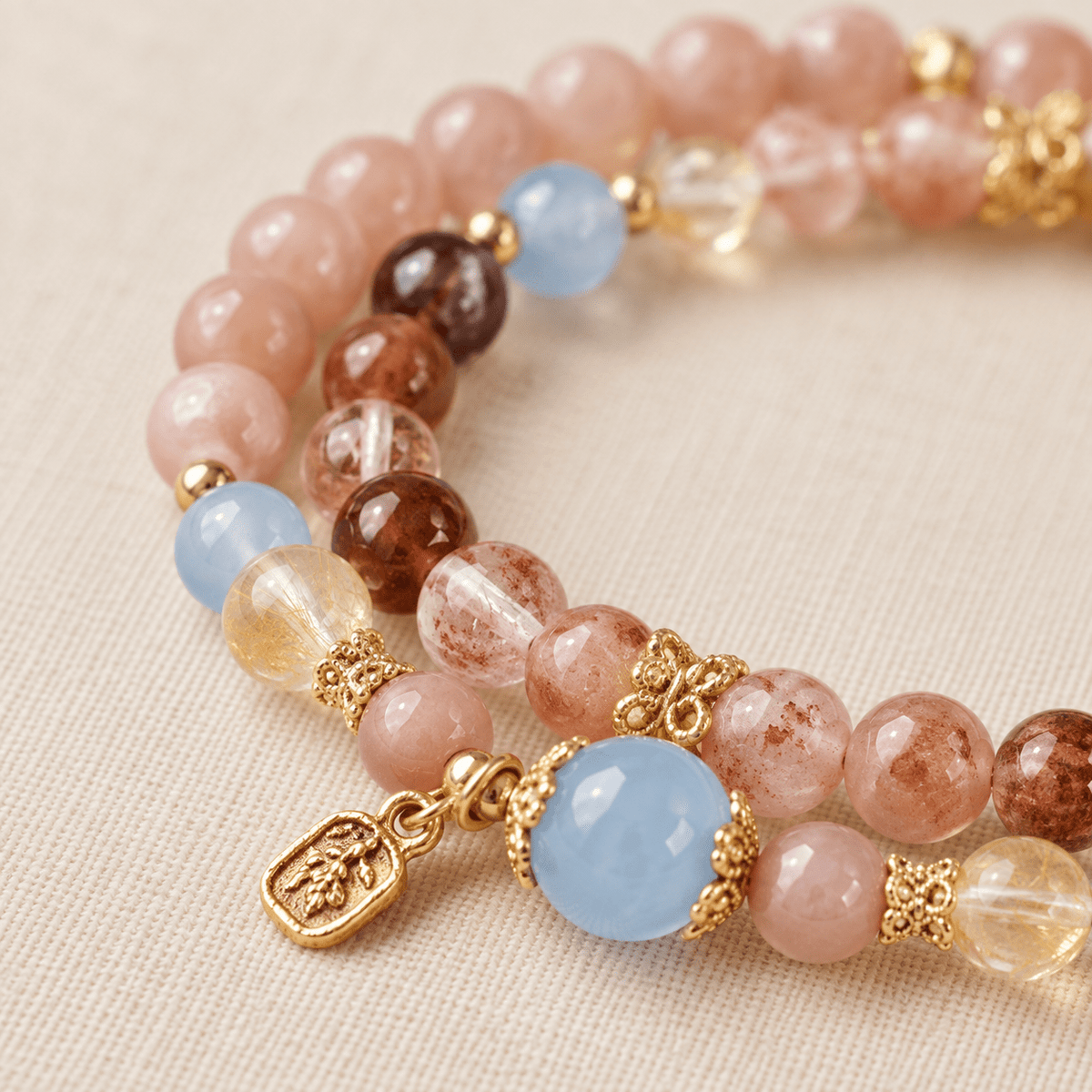 Sunstone & Blue Chalcedony Double-Wrap Bracelet - Ocean Rielle Studio