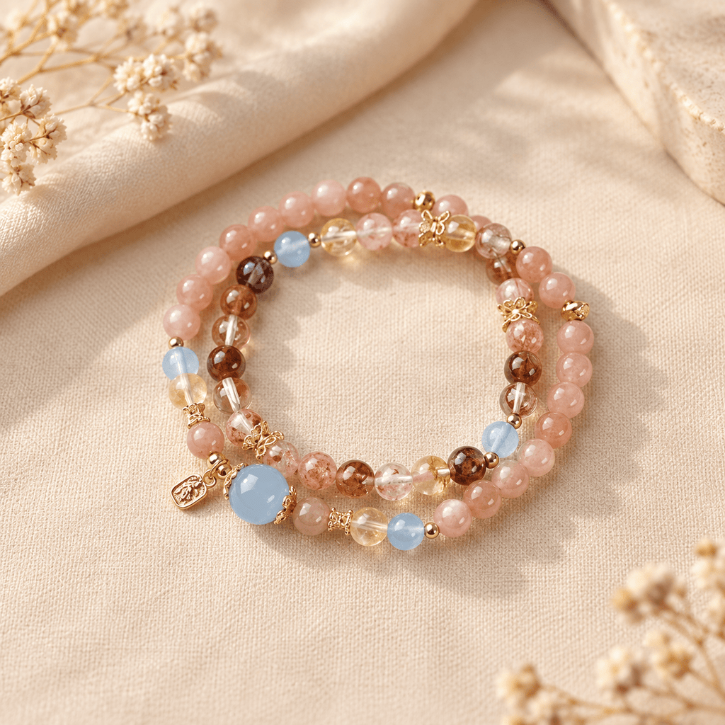 Sunstone & Blue Chalcedony Double-Wrap Bracelet - Ocean Rielle Studio