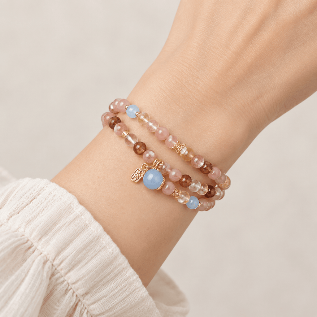 Sunstone & Blue Chalcedony Double-Wrap Bracelet - Ocean Rielle Studio