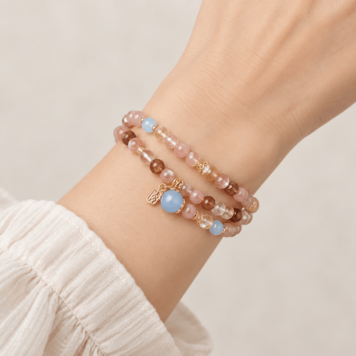Sunstone & Blue Chalcedony Double-Wrap Bracelet - Ocean Rielle Studio