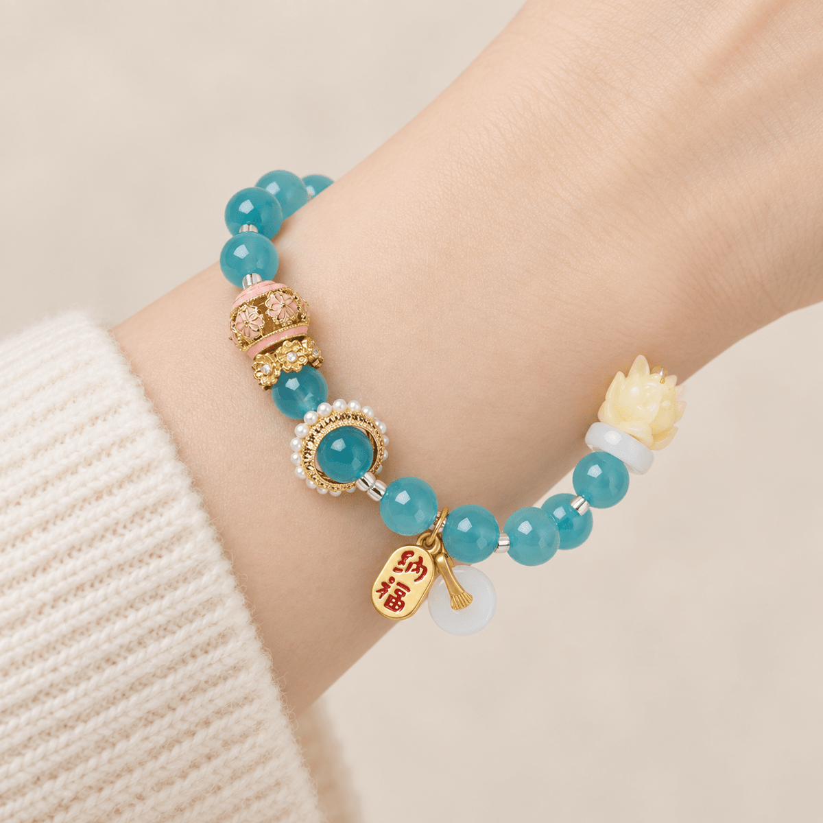 Teal Agate & Fortune Charm Bracelet - Ocean Rielle Studio