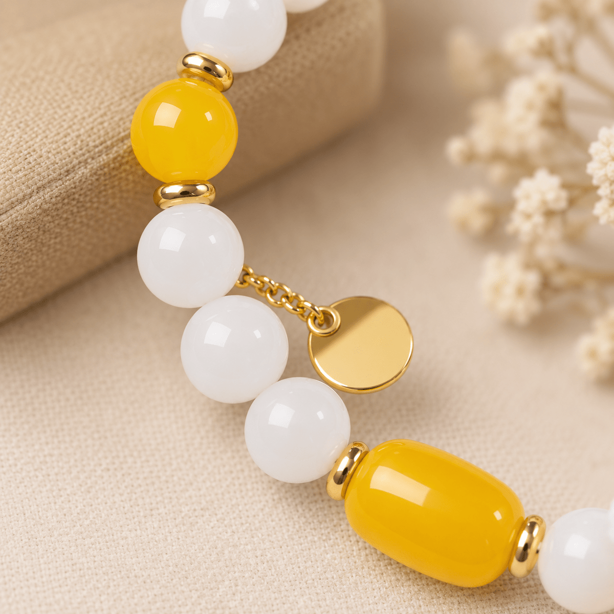 White Jade & Amber Beeswax Sunlit Bloom Bracelet - Ocean Rielle Studio