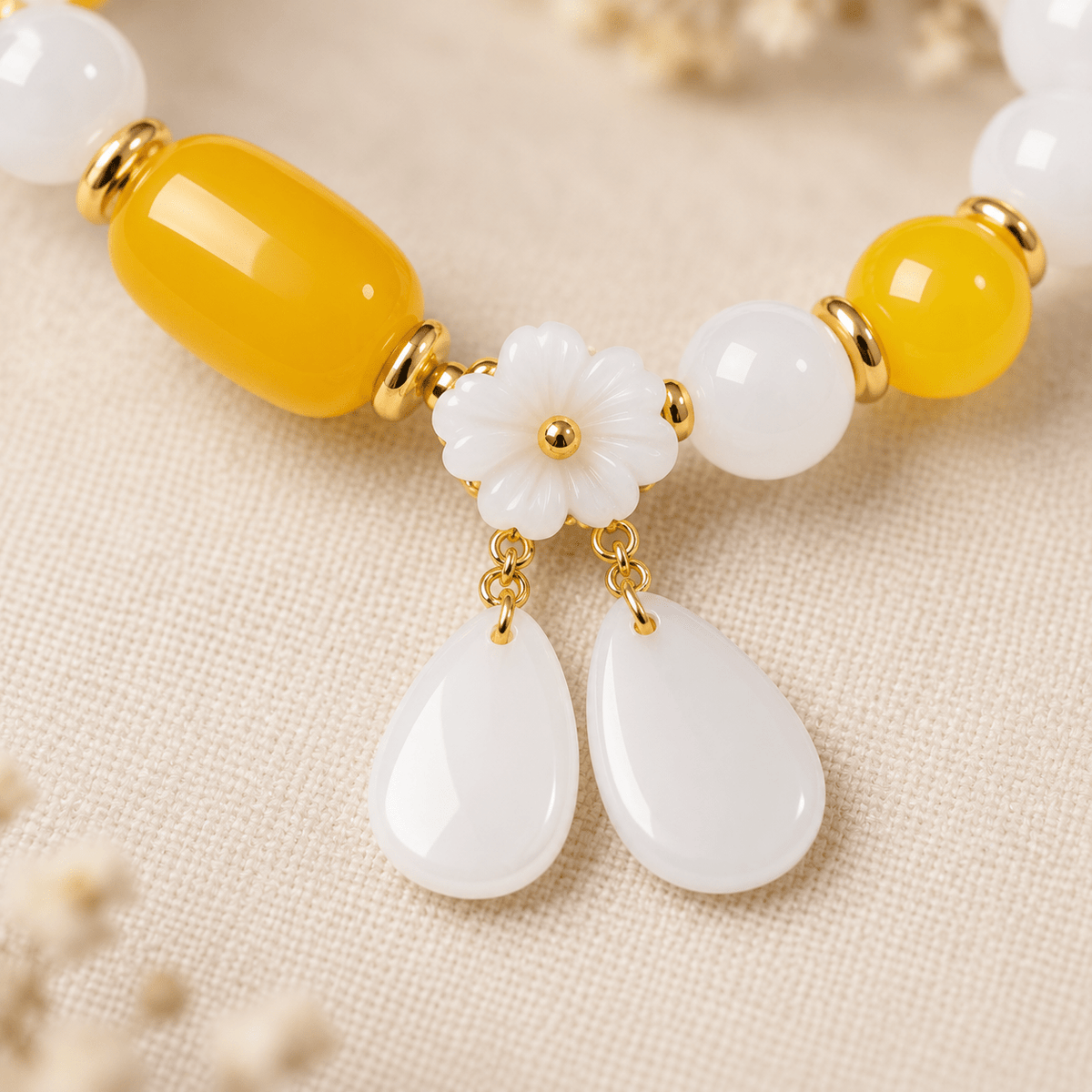 White Jade & Amber Beeswax Sunlit Bloom Bracelet - Ocean Rielle Studio