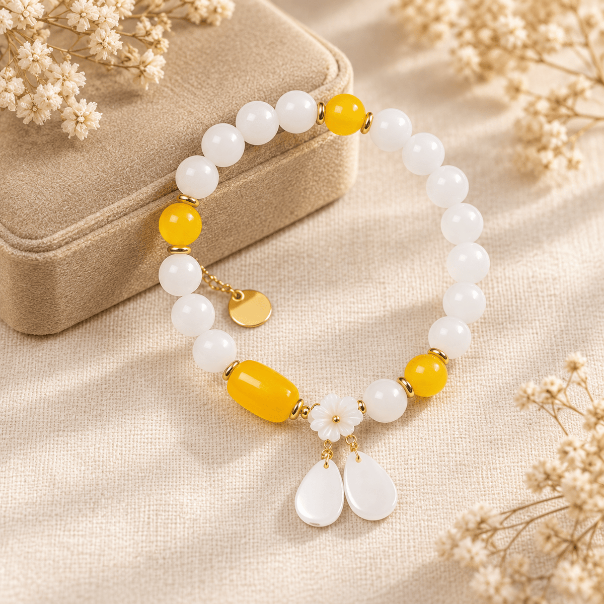 White Jade & Amber Beeswax Sunlit Bloom Bracelet - Ocean Rielle Studio