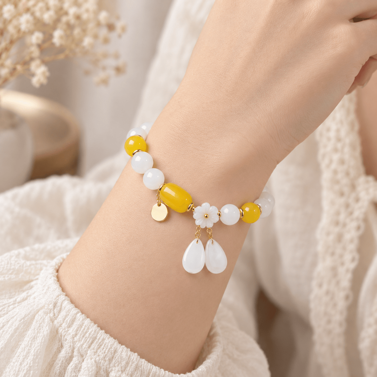 White Jade & Amber Beeswax Sunlit Bloom Bracelet - Ocean Rielle Studio