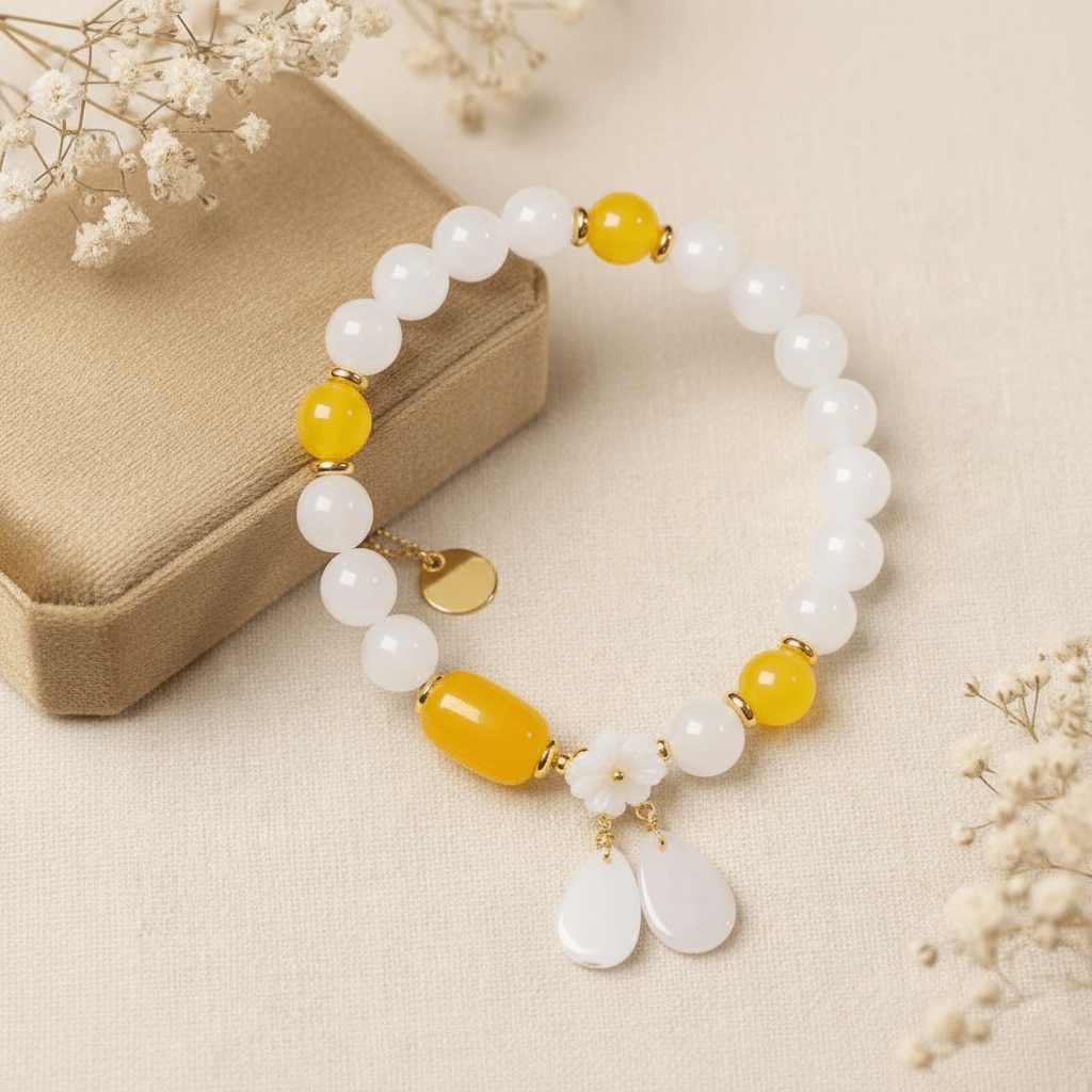 White Jade & Amber Beeswax Sunlit Bloom Bracelet — Frost Petal Collection - Ocean Rielle Studio