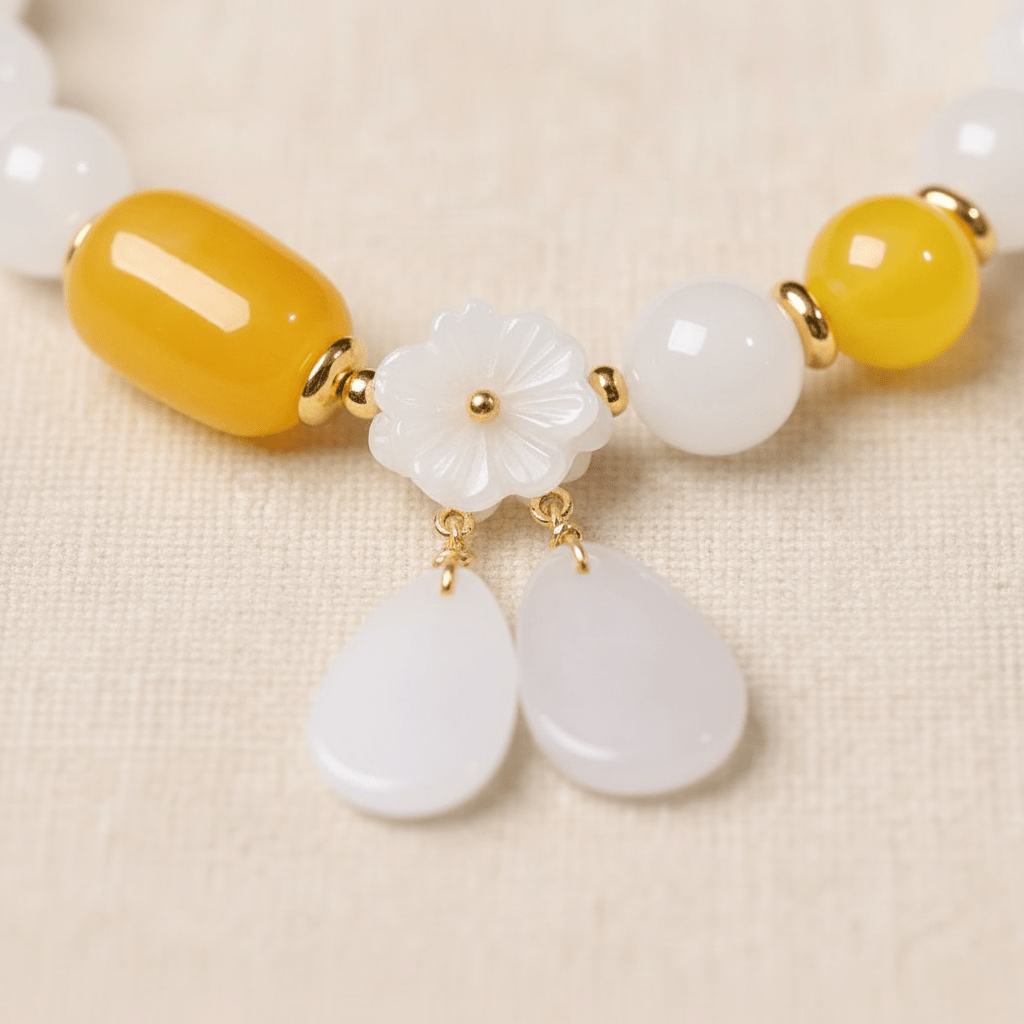 White Jade & Amber Beeswax Sunlit Bloom Bracelet — Frost Petal Collection - Ocean Rielle Studio