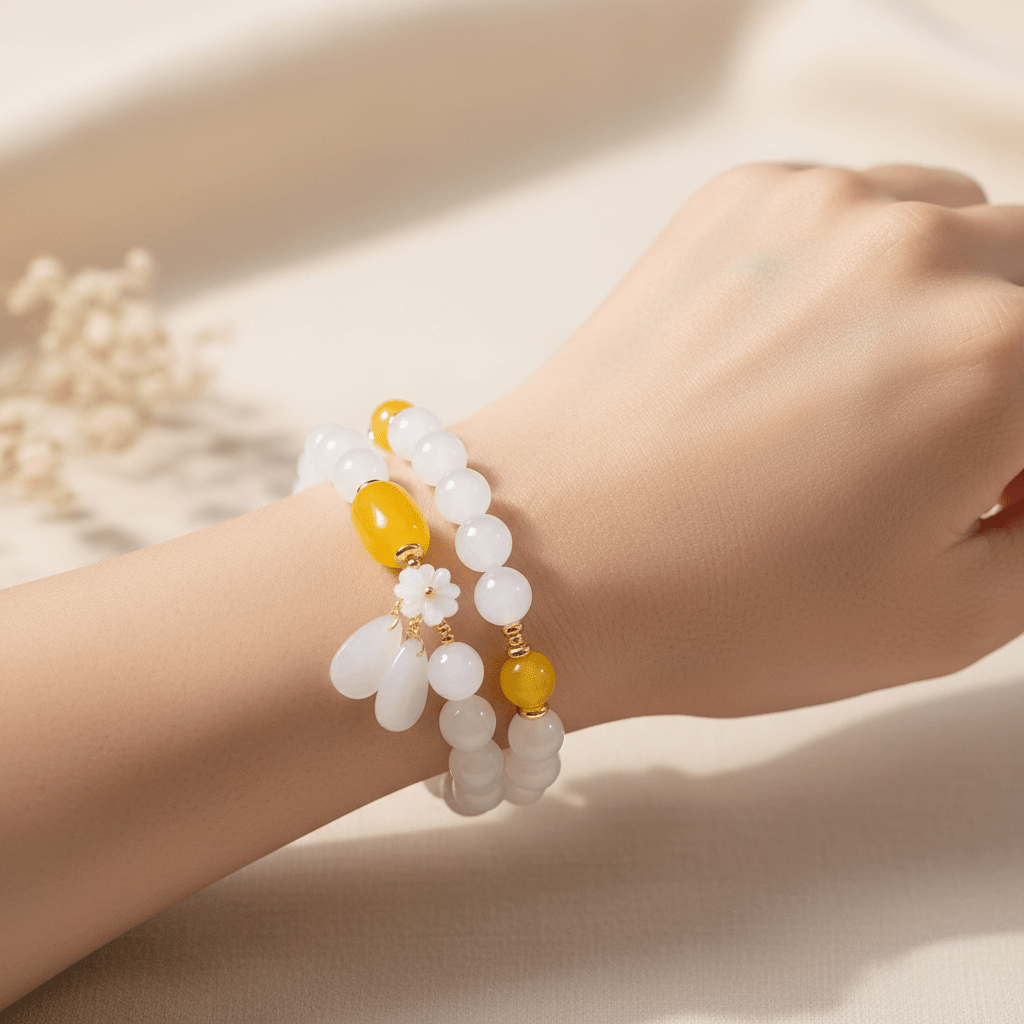 White Jade & Amber Beeswax Sunlit Bloom Bracelet — Frost Petal Collection - Ocean Rielle Studio