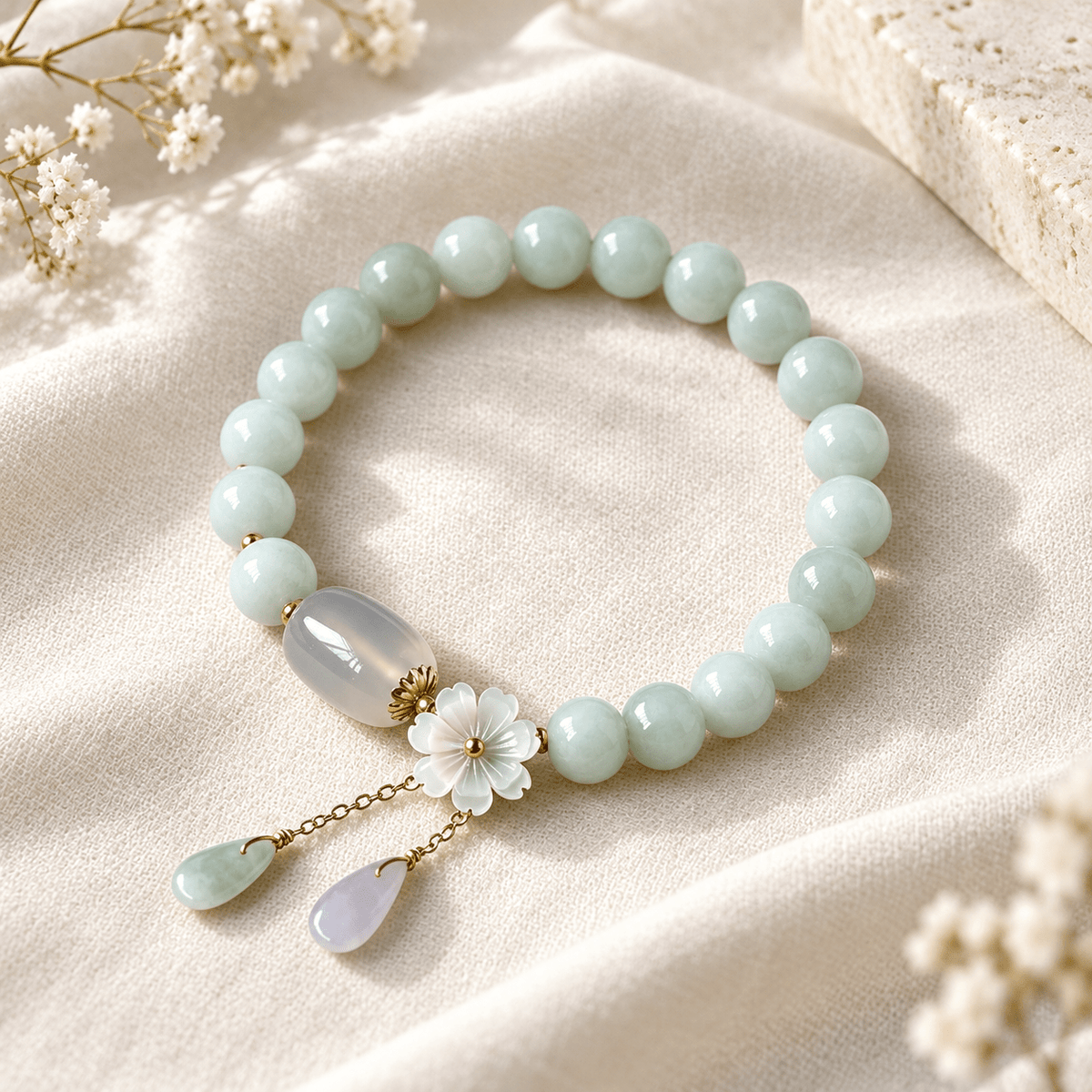 White Jade & Shell Flower Bracelet - Ocean Rielle Studio