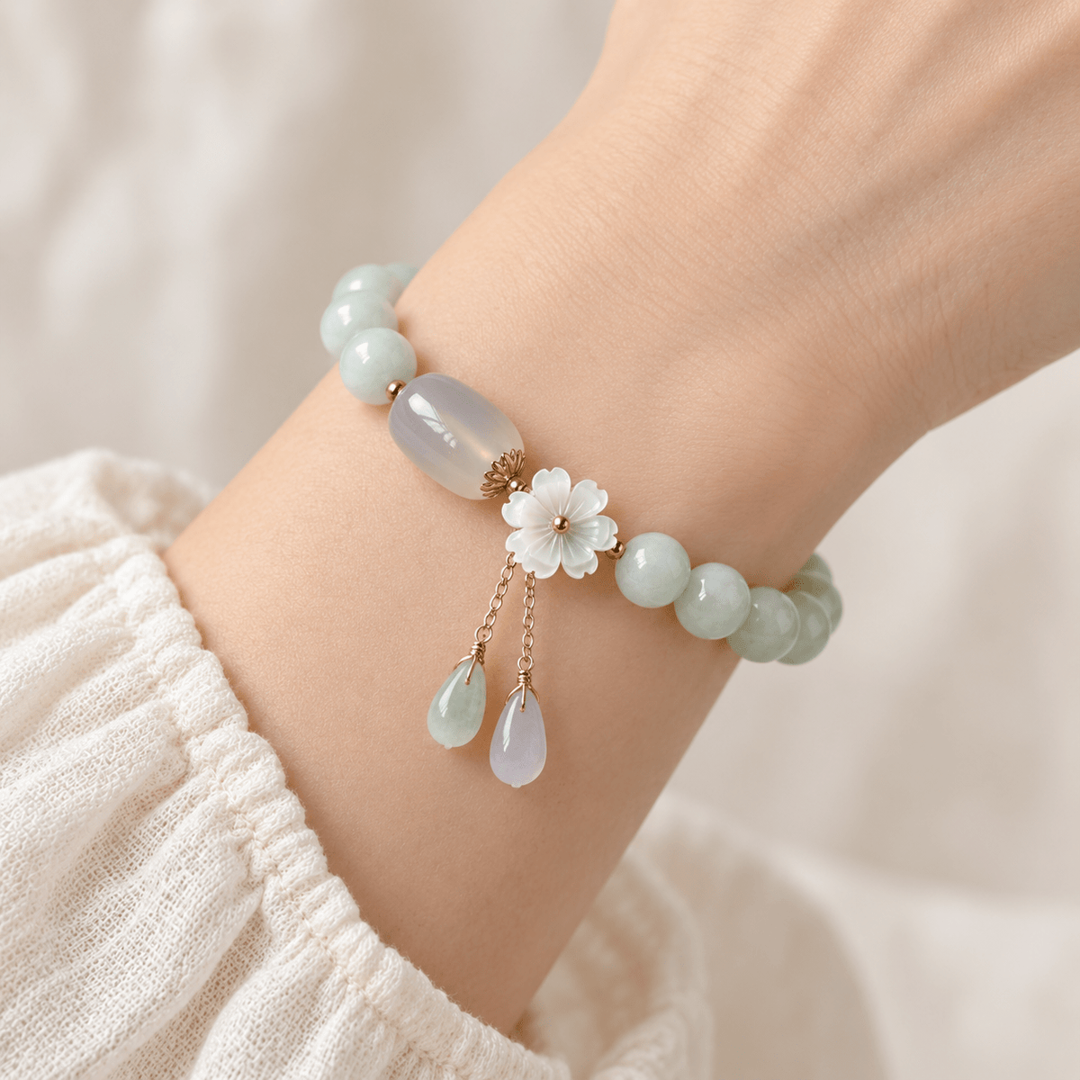 White Jade & Shell Flower Bracelet - Ocean Rielle Studio