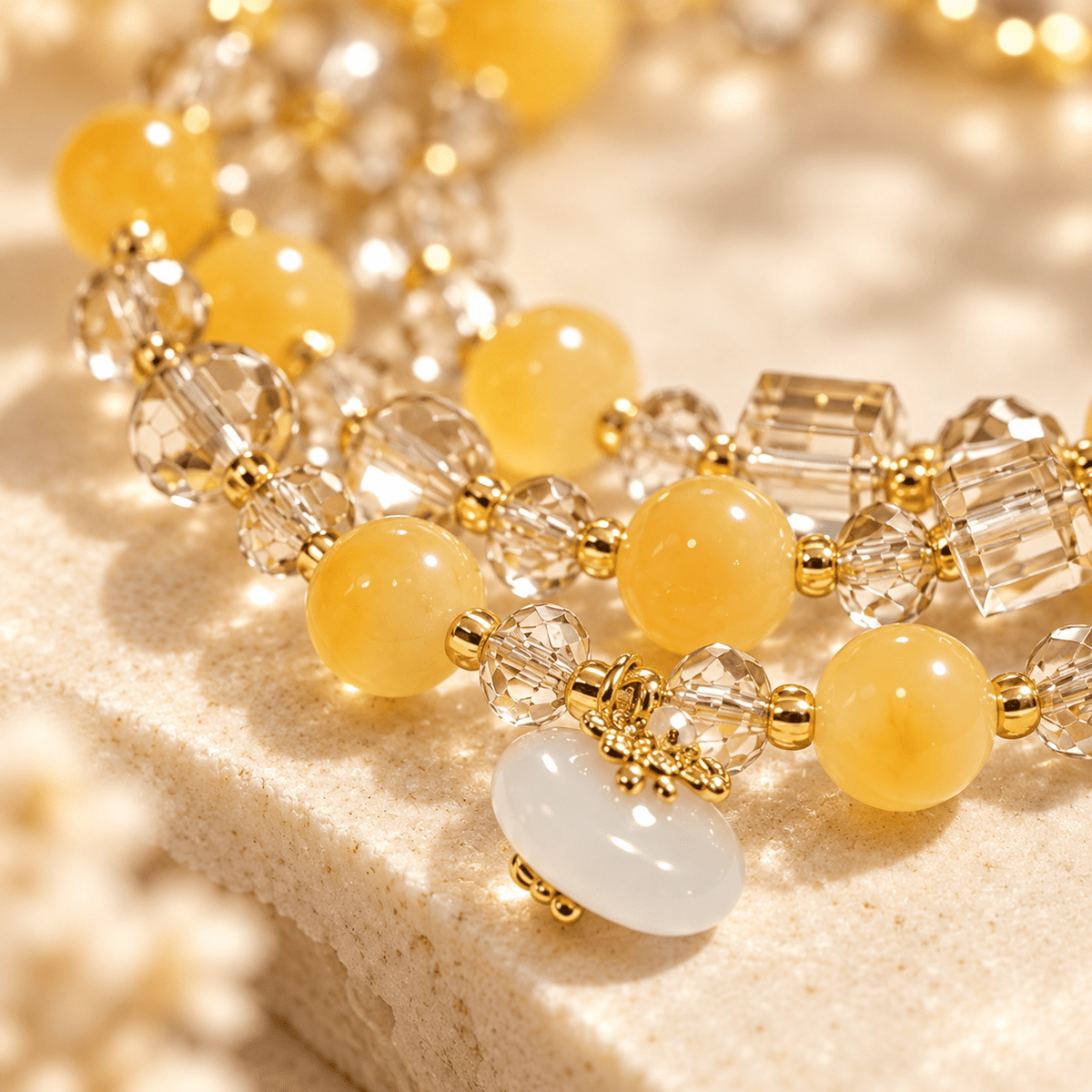 Yellow Agate & Champagne Crystal Double-Wrap Bracelet - Ocean Rielle Studio
