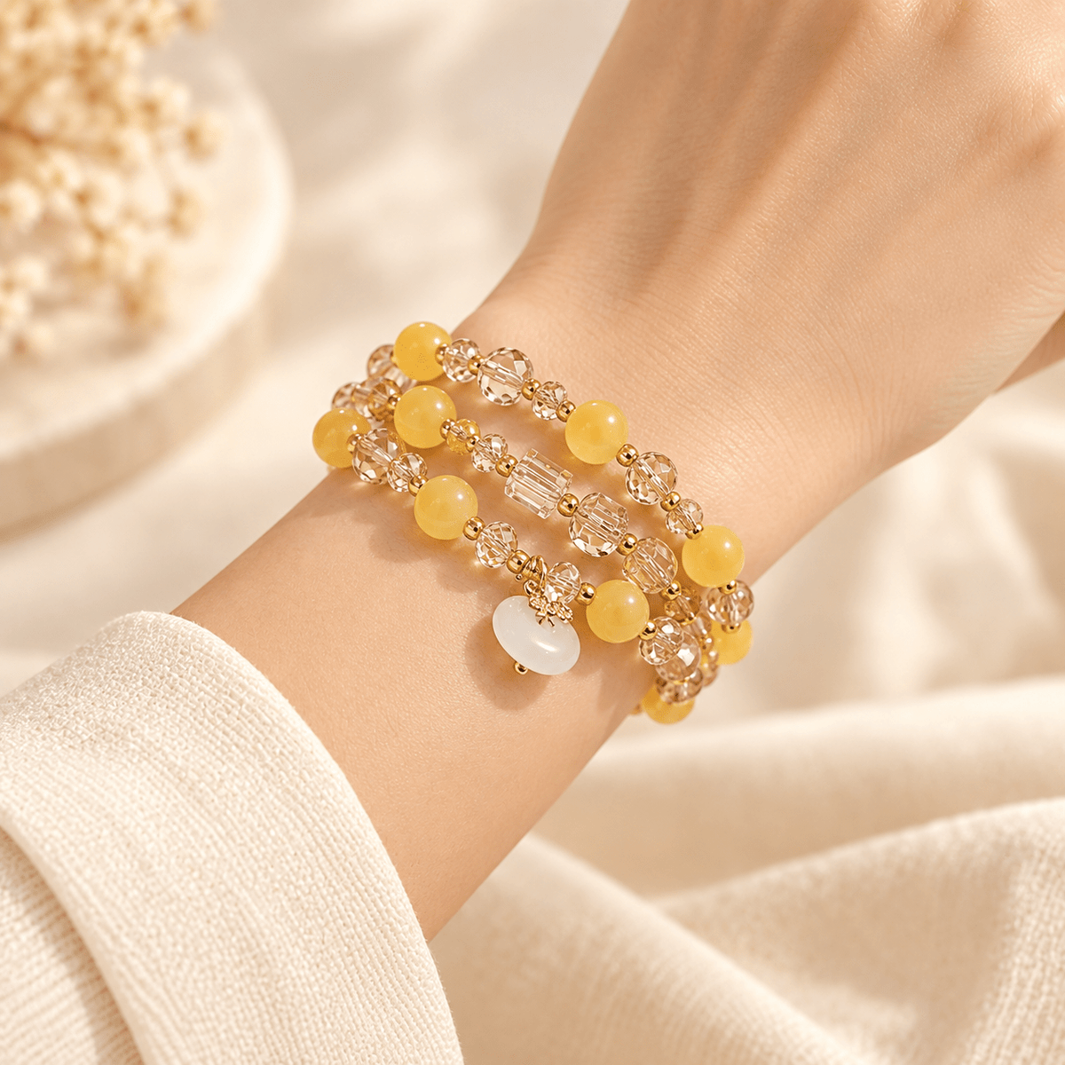 Yellow Agate & Champagne Crystal Double-Wrap Bracelet - Ocean Rielle Studio