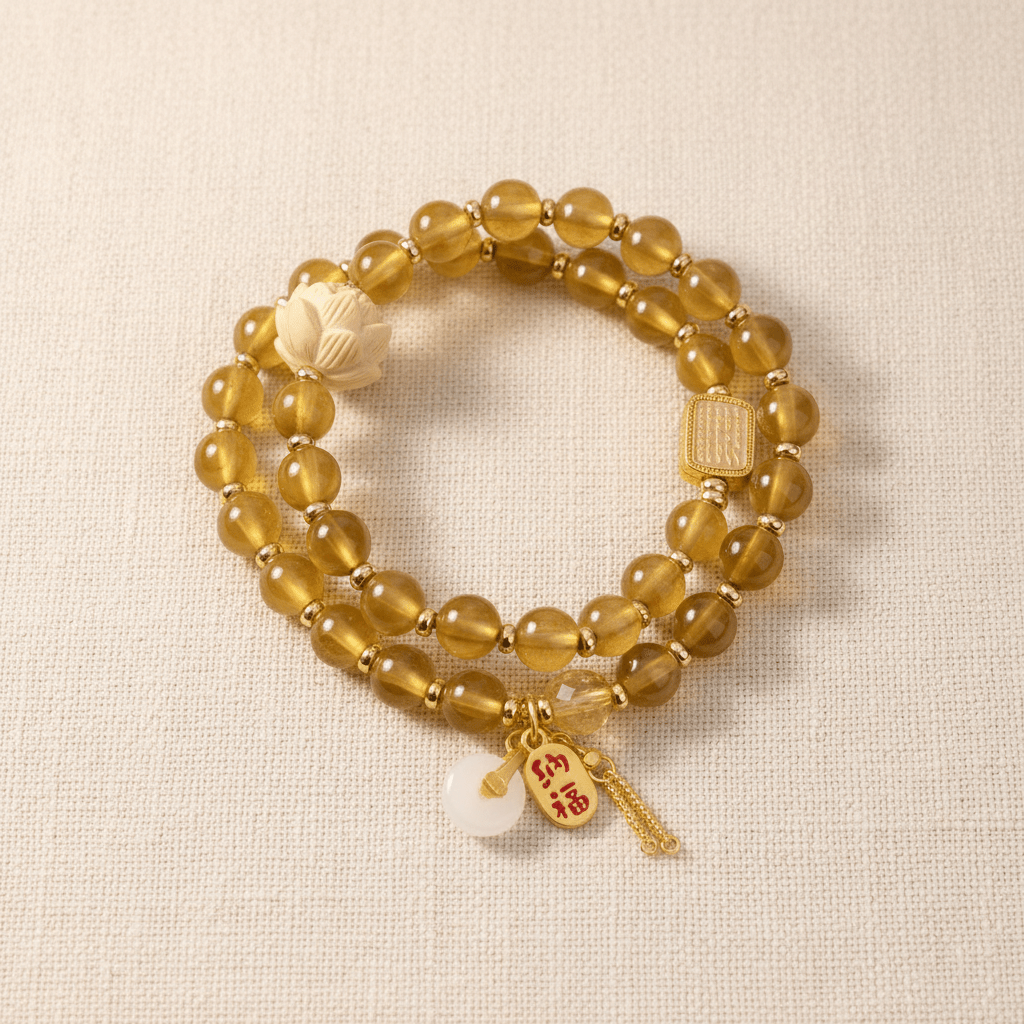 Yellow Candy Agate Double-Wrap Lucky Lotus Bracelet — Terra Collection - Ocean Rielle Studio