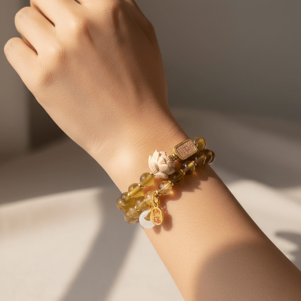 Yellow Candy Agate Double-Wrap Lucky Lotus Bracelet — Terra Collection - Ocean Rielle Studio