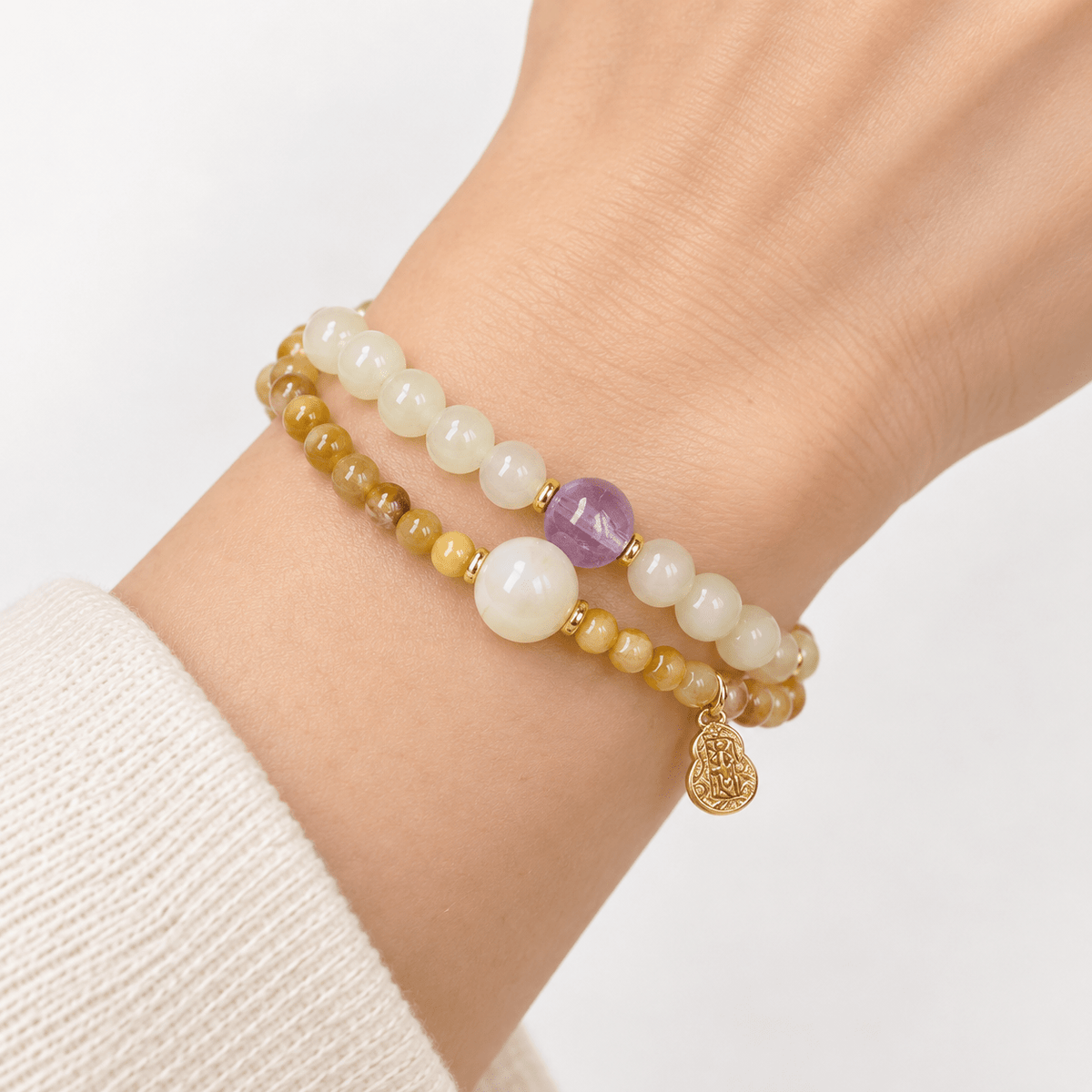 Yellow Tiger Eye & Amethyst Double-Wrap Bracelet - Ocean Rielle Studio