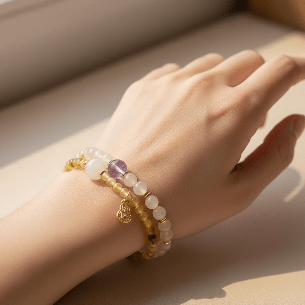 Yellow Tiger Eye & Amethyst Double-Wrap Bracelet — Terra Collection - Ocean Rielle Studio