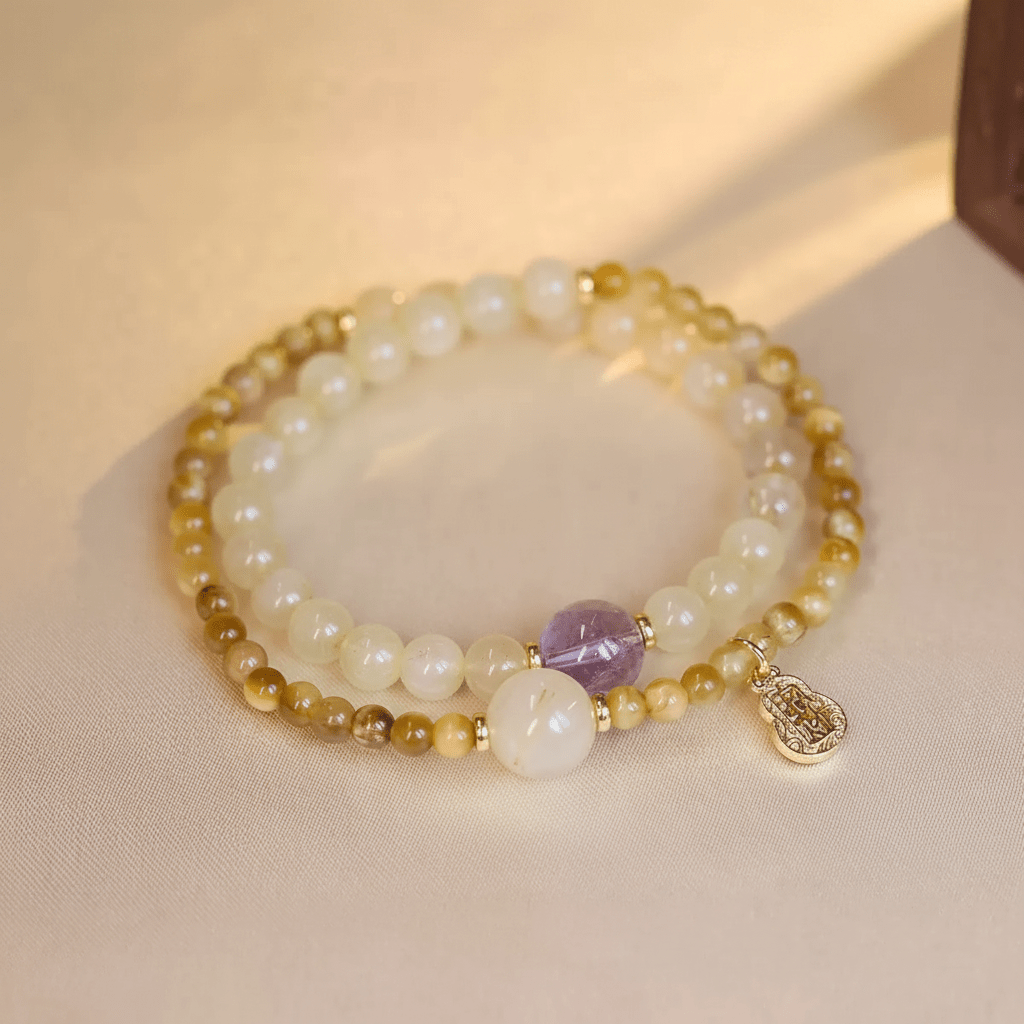 Yellow Tiger Eye & Amethyst Double-Wrap Bracelet — Terra Collection - Ocean Rielle Studio